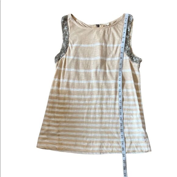 J CREW Silk Sequin Trim Tan & Silver Stripe Cotton High Neck Sleeveless Top S - Picture 7 of 8